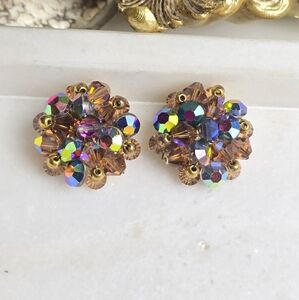 Vintage Cluster Brown Crystal AB Clip On Earrings
